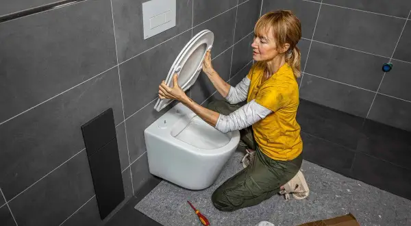 Une femme s'apprête à changer l'abattant WC. Elle tient le nouvel abattant, prête à l'installer sur la cuvette.