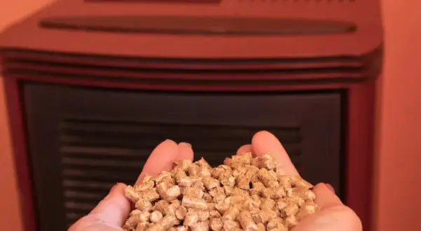 Mains de femme tenant des granulés de bois devant un poêle à granulé, illustrant le fonctionnement de cet appareil de chauffage écologique.