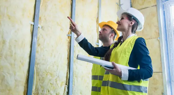 Deux ouvriers inspectent un mur recouvert de matériau isolant thermique, jaune et épais, prêt pour le revêtement.