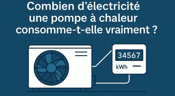Une pompe à chaleur PAC et un compteur affichant 34567 kWh. Le visuel interroge sur la consommation électrique réelle d'une pompe à chaleur.
