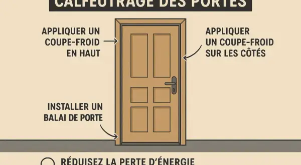 Illustration montrant comment isoler une porte : appliquer un coupe-froid en haut et sur les côtés, installer un balai de porte pour réduire la perte d'énergie.
