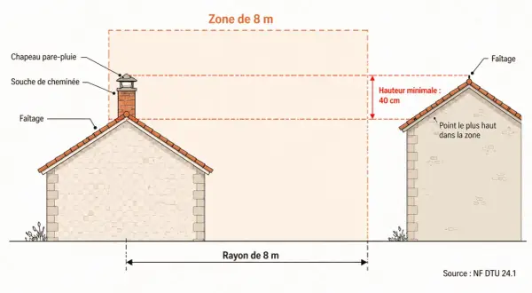 Illustration montrant la distance entre le tubage et le chapeau de cheminée, avec une zone de 8m et une hauteur minimale de 40cm.