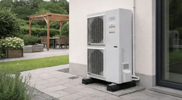 Unité extérieure d'une pompe à chaleur Fujitsu Atlantic, installée sur une terrasse. L'image suggère la fiabilité et la longue durée de vie d'une pompe à chaleur.