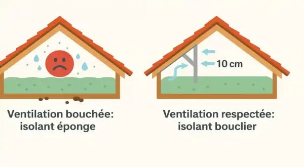 Illustration comparant une ventilation de combles bouchée (isolant éponge) et une ventilation respectée (isolant bouclier). Le prix de l'isolation des combles dépend de ces facteurs.