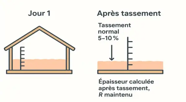Illustration montrant la laine de roche soufflée dans un grenier le Jour 1, puis après tassement normal (5-10%). Le prix laine de roche soufflée au m2 est impacté par ce tassement.