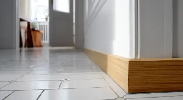 Pose de plinthe en bois clair, finition impeccable sur un sol carrelé blanc. La lumière du jour met en valeur le travail.
