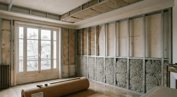 Rénovation d'une pièce avec ossature métallique pour l'isolation phonique. Rouleau de liège au sol, murs et plafond en cours d'isolation.