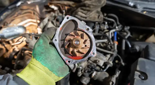 Main d'un mécanicien tenant une pompe à eau électrique démontée, prête pour la réparation. Le moteur est visible en arrière-plan.