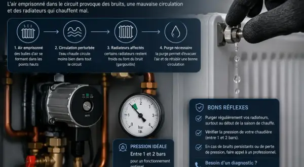 Schéma expliquant l'air dans le circuit de chauffage, avec une pompe, un manomètre et une purge de radiateur. Le **vase d'expansion chaudière** est essentiel pour le bon fonctionnement.