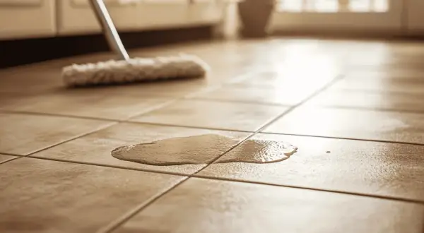 Une serpillière est prête à nettoyer un carrelage très encrassé, avec une flaque d'eau sur le sol.
