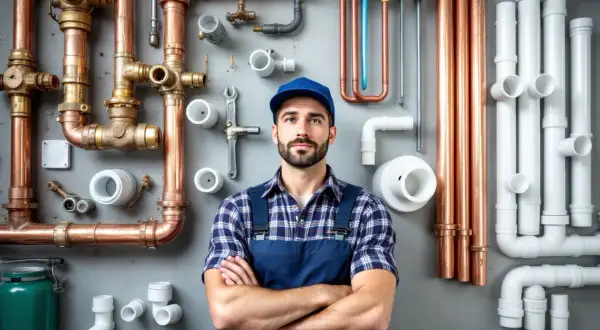 Un plombier confiant pose devant une installation de plomberie complexe, mêlant cuivre et PVC.