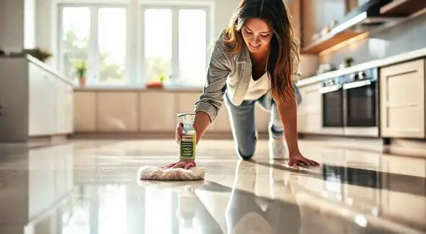 Une femme nettoie son carrelage avec un produit qui le fait briller. Le sol reflète la lumière, signe du meilleur produit pour faire briller le carrelage.