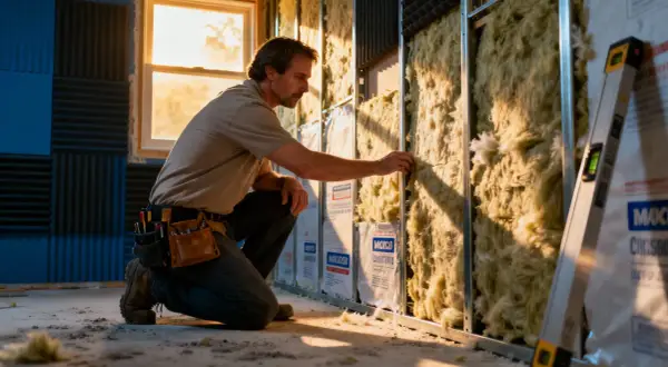 Un homme installe de l'isolant dans un mur, améliorant l'isolation phonique du mur mitoyen.
