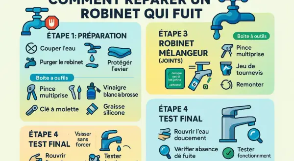 Guide illustré pour réparer un robinet de salle de bain qui fuit. Étapes : préparation, robinet mélangeur, et test final.
