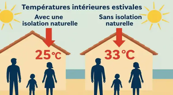 Deux maisons sous le soleil : l'une à 25°C avec isolation, l'autre à 33°C sans. L'inertie thermique protège du chaud.