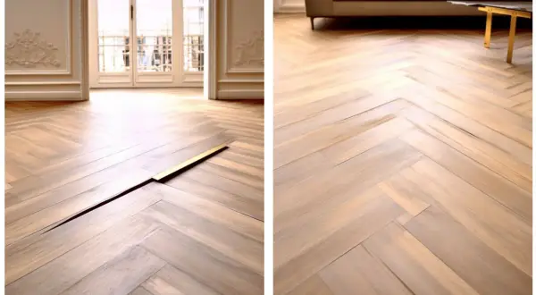 Un beau parquet en chevrons montre des signes de gondolage, avec des lames qui se soulèvent et créent des espaces.