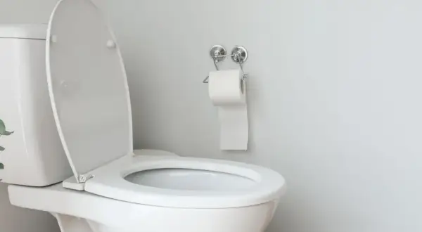 Un WC blanc au couvercle ouvert, prêt pour l'évacuation des eaux usées. Un rouleau de papier toilette est accroché au mur.