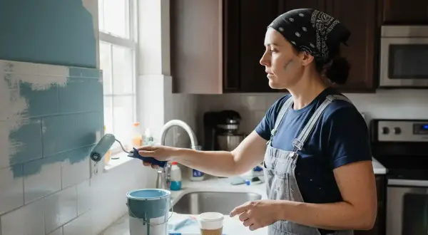 Une femme peint son carrelage mural de cuisine en bleu clair. Elle utilise un rouleau pour appliquer la peinture, cherchant la meilleure peinture pour carrelage mural cuisine.