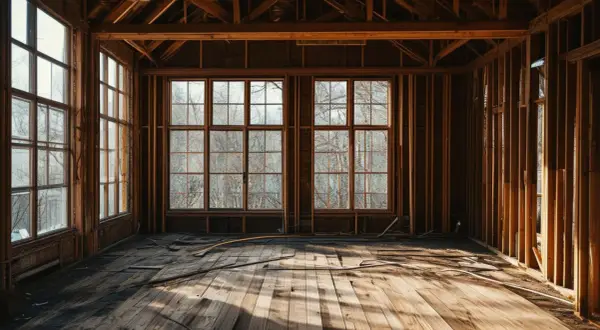 Intérieur d'une maison en construction, bois apparent, fenêtres donnant sur des arbres. Le **traitement charpente avant isolation** est visible.