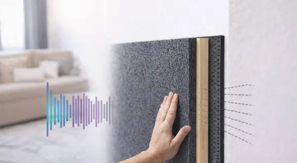 Main d'une personne touchant un panneau isolant, symbolisant le meilleur isolation phonique cloison intérieure. Des ondes sonores sont représentées.