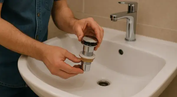 Main tenant les pièces d'un schema montage bonde lavabo, prêt à installer le nouveau système de vidage dans le lavabo blanc.