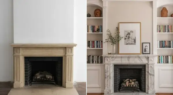 Avant/après : une cheminée en pierre beige transformée en marbre élégant, avec des étagères intégrées pour moderniser l'espace.
