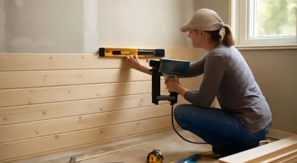 Une personne utilise un pistolet à clous et un niveau pour installer du **matériel placo** en lambris de bois.