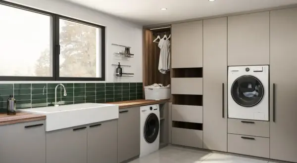 Aménagement buanderie moderne avec évier, lave-linge, rangements intégrés et une penderie ouverte.