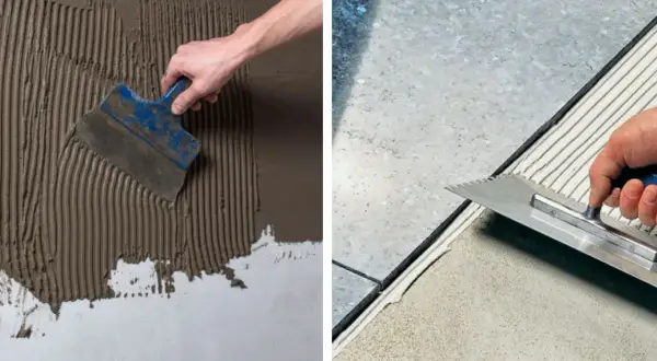 Application de colle carrelage sur carrelage avec une spatule crantée pour une pose parfaite.