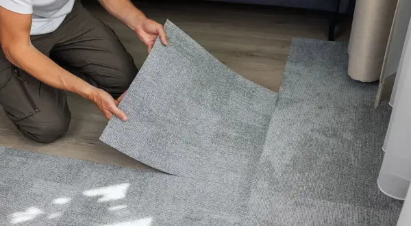 Pose d'une nouvelle moquette en dalles grises, recouvrant un ancien sol. Un homme pose une dalle, le geste est précis, comme s'il s'agissait de carreler sur du carrelage.