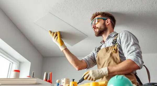 Un bricoleur avec des lunettes de protection et des gants est en train de coller du placo au plafond.