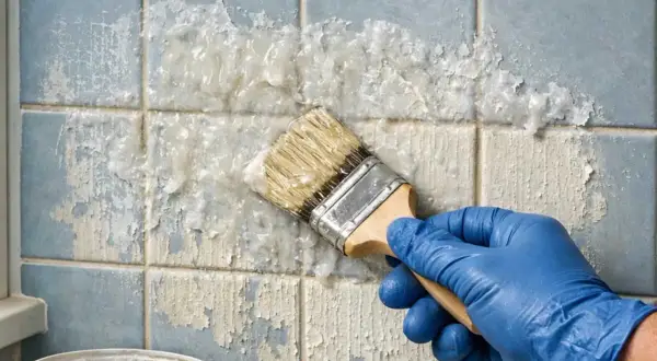 Main bleue appliquant un produit pour enlever peinture sur carrelage bleu décrépit. Le produit dissout la peinture par endroits.