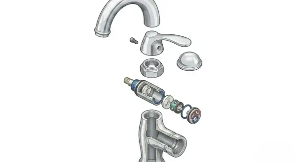 Pièces détachées d'un robinet, montrant comment changer cartouche mitigeur.