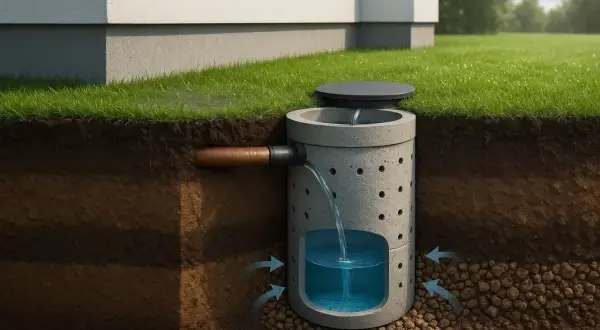 Système de puisard pour l'évacuation eau de pluie. L'eau s'infiltre dans le sol via un puits perforé.