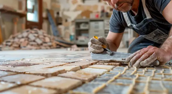 Un artisan concentré utilise un outil pour enlever le carrelage ancien, préparant le sol pour une nouvelle pose.