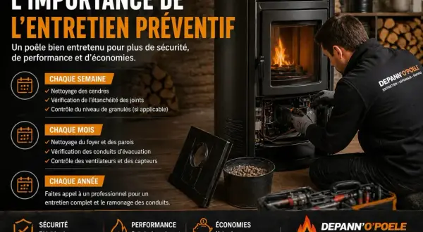 Un technicien vérifie un poêle à granulés, soulignant l'importance de l'entretien préventif et du ramonage annuel pour la sécurité et la performance.