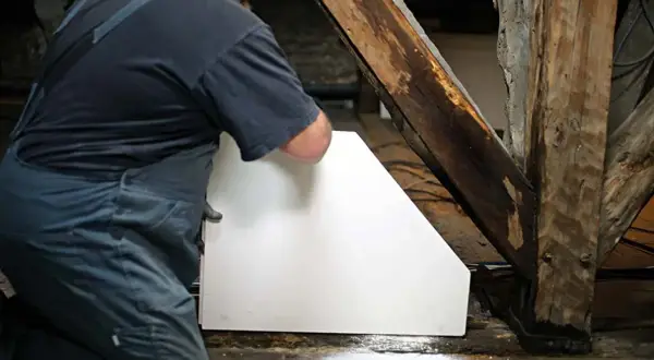 Un ouvrier installe un cloison carreau de plâtre blanc près d'une poutre en bois ancienne.