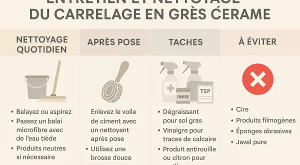 Image d'entretien de carrelage : une trace de pas sur carrelage mat, avec des conseils de nettoyage et des produits à éviter.