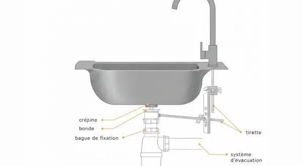 Schéma d'un évier de cuisine montrant le montage du robinet et du système d'évacuation, utile pour changer mitigeur cuisine.