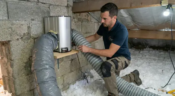 Un technicien installe un système de vph ventilation dans un grenier isolé.