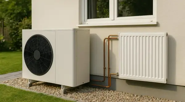 Unité extérieure d'une pompe à chaleur haute température, connectée à un radiateur blanc par des tuyaux de cuivre.