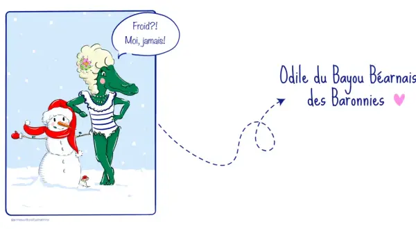 Une alligator en maillot de bain, indifférente au froid, à côté d'un bonhomme de neige. Avis pompe à chaleur grand froid : elle n'en a pas besoin !