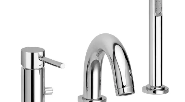 Ensemble mitigeur baignoire chromé : commande, bec incurvé et douchette. Idéal pour installer mitigeur baignoire sur gorge.