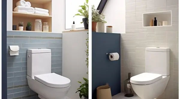 Deux salles de bain modernes. L'une avec un WC suspendu et des carreaux bleus, l'autre avec un WC suspendu et des carreaux blancs.
