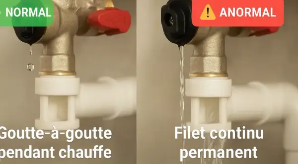 Comparaison : goutte à goutte normal pendant le chauffage vs. filet continu anormal. Un groupe de sécurité est essentiel pour éviter les fuites.