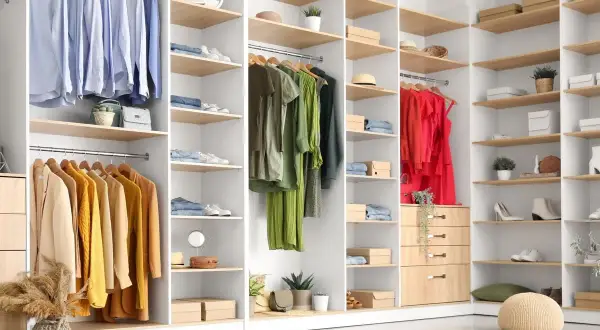 Un dressing bien organisé avec des vêtements suspendus et pliés, des chaussures et des accessoires. Un plan dressing dimensionné pour optimiser l'espace.
