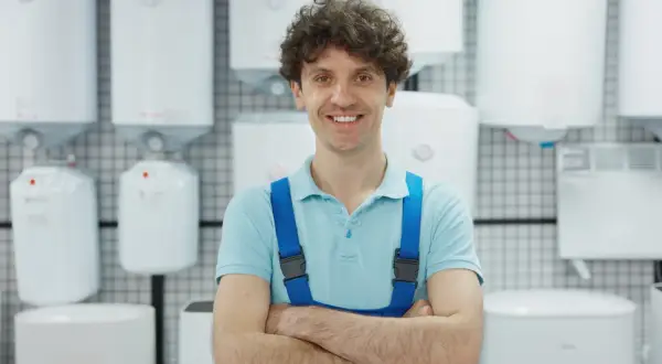 Un plombier souriant, en tenue bleue, se tient devant plusieurs chauffe-eau. Il est prêt à vous aider pour le **vider chauffe eau**.