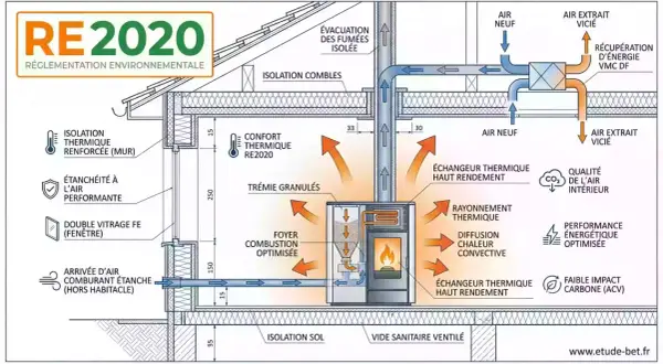 Schéma d'une maison RE2020 : poêle à bois avec conduit isolé, échangeur thermique, VMC double flux et isolation renforcée.