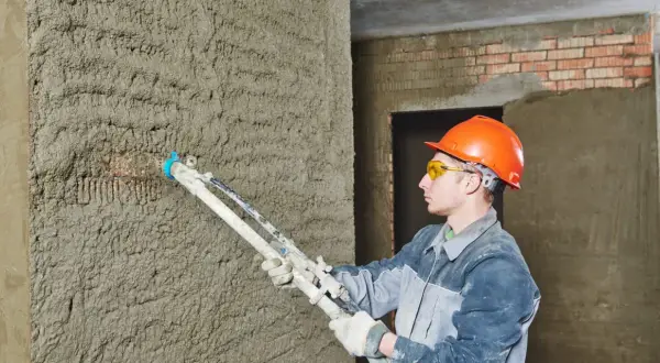 Un ouvrier en casque orange utilise un pistolet à crépir pour étanchéifier un mur en béton brut.