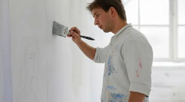 Un peintre, vêtu d'une chemise tachée, applique une couche de peinture sur un mur déjà peint, esquissant un portrait.